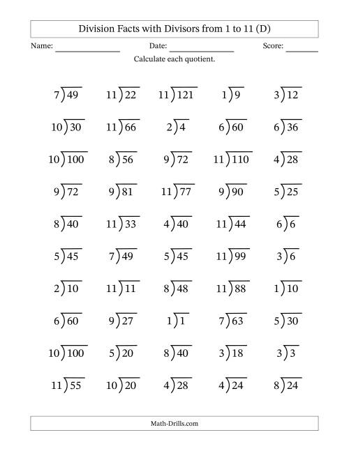 The Division Facts with Divisors and Quotients from 1 to 11 with Long Division Symbol/Bracket (D) Math Worksheet