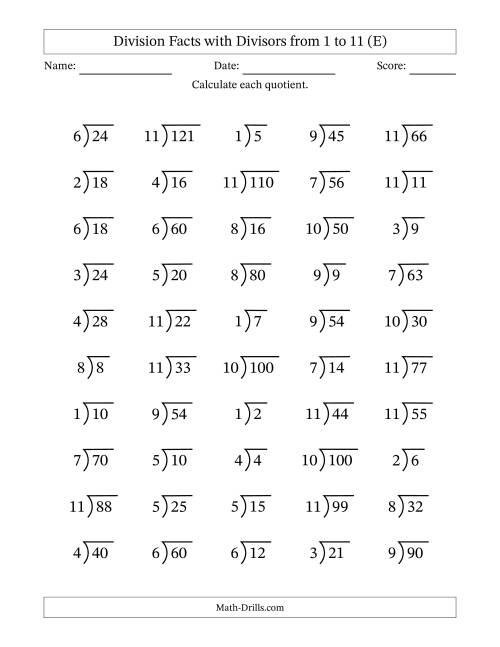 The Division Facts with Divisors and Quotients from 1 to 11 with Long Division Symbol/Bracket (E) Math Worksheet