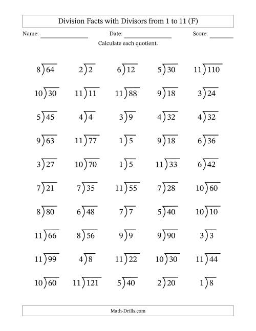 The Division Facts with Divisors and Quotients from 1 to 11 with Long Division Symbol/Bracket (F) Math Worksheet