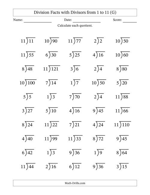 The Division Facts with Divisors and Quotients from 1 to 11 with Long Division Symbol/Bracket (G) Math Worksheet