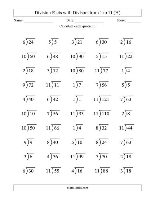 The Division Facts with Divisors and Quotients from 1 to 11 with Long Division Symbol/Bracket (H) Math Worksheet