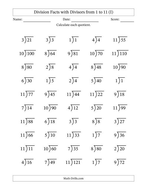 The Division Facts with Divisors and Quotients from 1 to 11 with Long Division Symbol (I) Math Worksheet