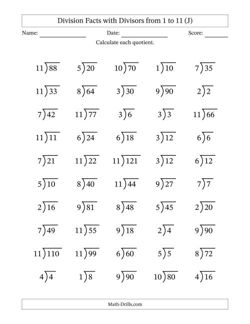 The Division Facts with Divisors and Quotients from 1 to 11 with Long Division Symbol/Bracket (J) Math Worksheet