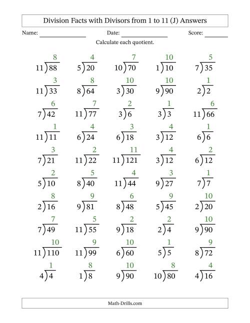 The Division Facts with Divisors and Quotients from 1 to 11 with Long Division Symbol/Bracket (J) Math Worksheet Page 2