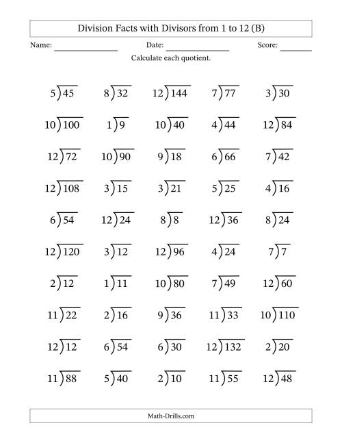 The Division Facts with Divisors and Quotients from 1 to 12 with Long Division Symbol (B) Math Worksheet
