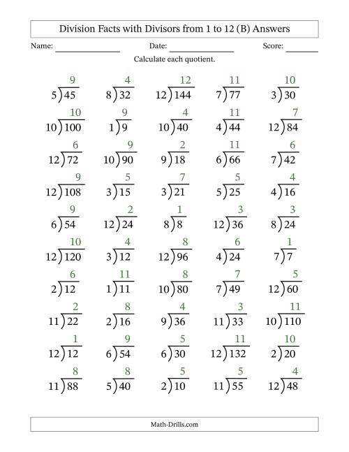 The Division Facts with Divisors and Quotients from 1 to 12 with Long Division Symbol (B) Math Worksheet Page 2