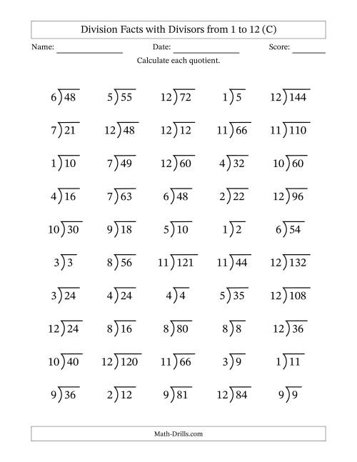 The Division Facts with Divisors and Quotients from 1 to 12 with Long Division Symbol (C) Math Worksheet
