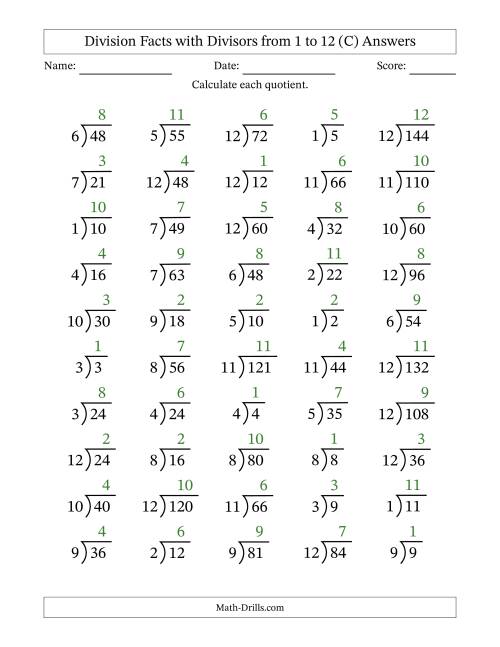 The Division Facts with Divisors and Quotients from 1 to 12 with Long Division Symbol/Bracket (C) Math Worksheet Page 2