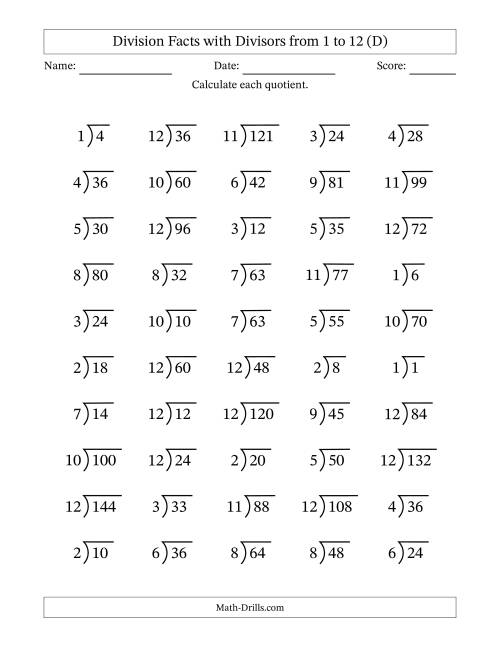 The Division Facts with Divisors and Quotients from 1 to 12 with Long Division Symbol (D) Math Worksheet