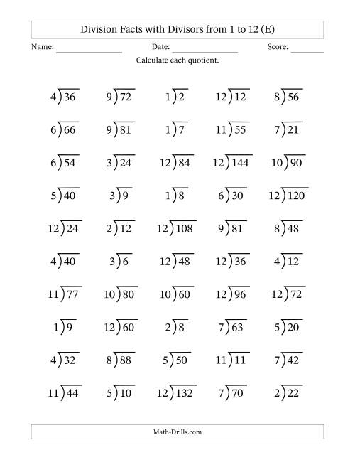 The Division Facts with Divisors and Quotients from 1 to 12 with Long Division Symbol (E) Math Worksheet