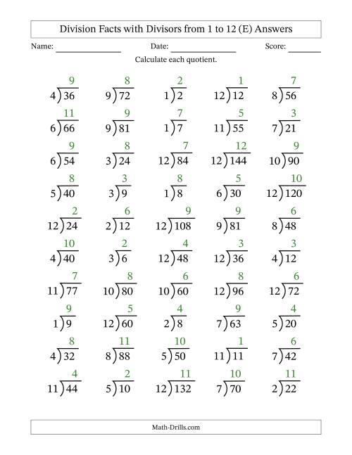 The Division Facts with Divisors and Quotients from 1 to 12 with Long Division Symbol (E) Math Worksheet Page 2