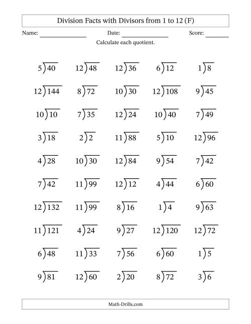 The Division Facts with Divisors and Quotients from 1 to 12 with Long Division Symbol (F) Math Worksheet