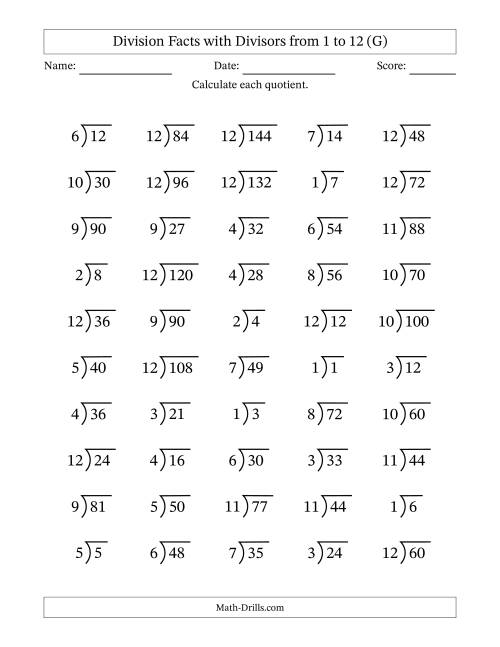 The Division Facts with Divisors and Quotients from 1 to 12 with Long Division Symbol (G) Math Worksheet