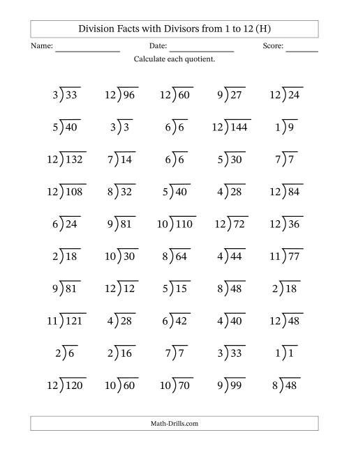 The Division Facts with Divisors and Quotients from 1 to 12 with Long Division Symbol/Bracket (H) Math Worksheet