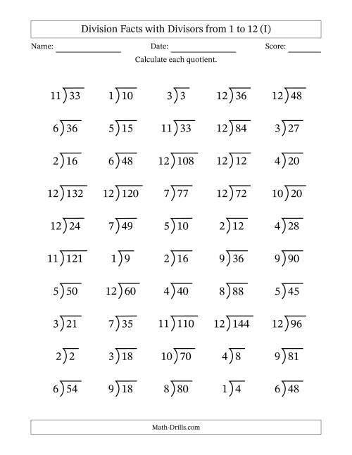 The Division Facts with Divisors and Quotients from 1 to 12 with Long Division Symbol (I) Math Worksheet