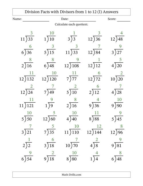 The Division Facts with Divisors and Quotients from 1 to 12 with Long Division Symbol (I) Math Worksheet Page 2