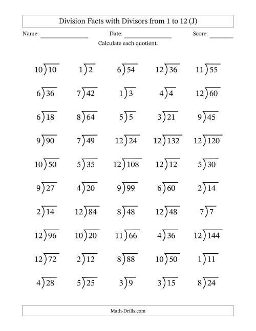 The Division Facts with Divisors and Quotients from 1 to 12 with Long Division Symbol (J) Math Worksheet
