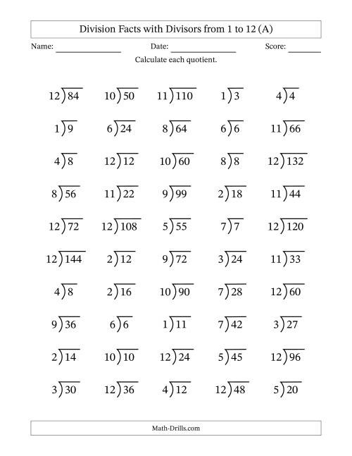 The Division Facts with Divisors and Quotients from 1 to 12 with Long Division Symbol (All) Math Worksheet