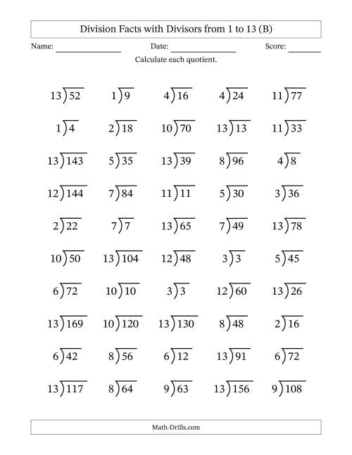 The Division Facts with Divisors and Quotients from 1 to 13 with Long Division Symbol (B) Math Worksheet