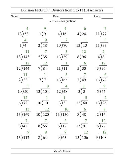 The Division Facts with Divisors and Quotients from 1 to 13 with Long Division Symbol/Bracket (B) Math Worksheet Page 2