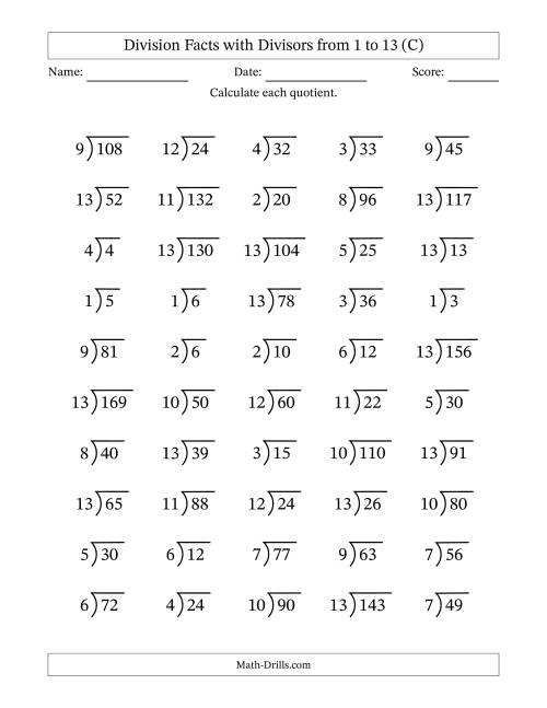 The Division Facts with Divisors and Quotients from 1 to 13 with Long Division Symbol (C) Math Worksheet