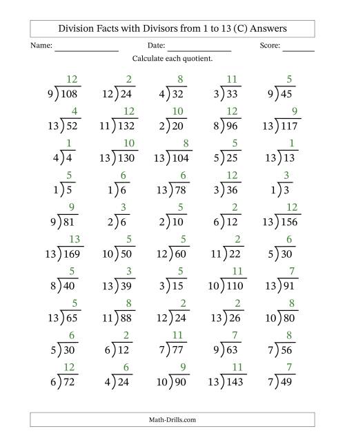 The Division Facts with Divisors and Quotients from 1 to 13 with Long Division Symbol (C) Math Worksheet Page 2