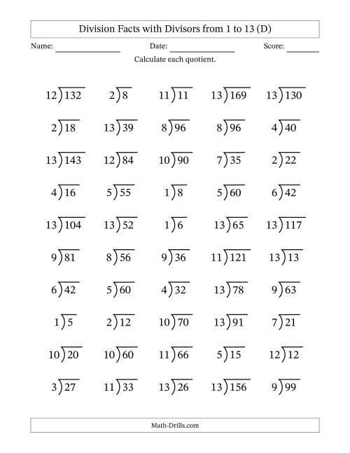 The Division Facts with Divisors and Quotients from 1 to 13 with Long Division Symbol (D) Math Worksheet