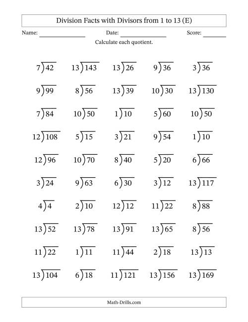The Division Facts with Divisors and Quotients from 1 to 13 with Long Division Symbol/Bracket (E) Math Worksheet