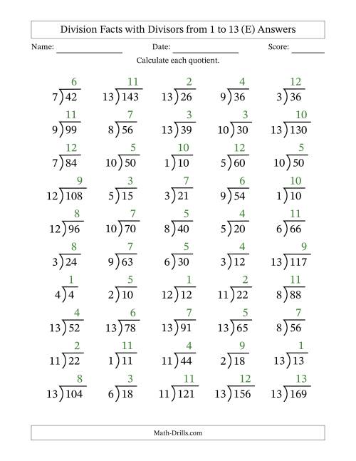 The Division Facts with Divisors and Quotients from 1 to 13 with Long Division Symbol/Bracket (E) Math Worksheet Page 2