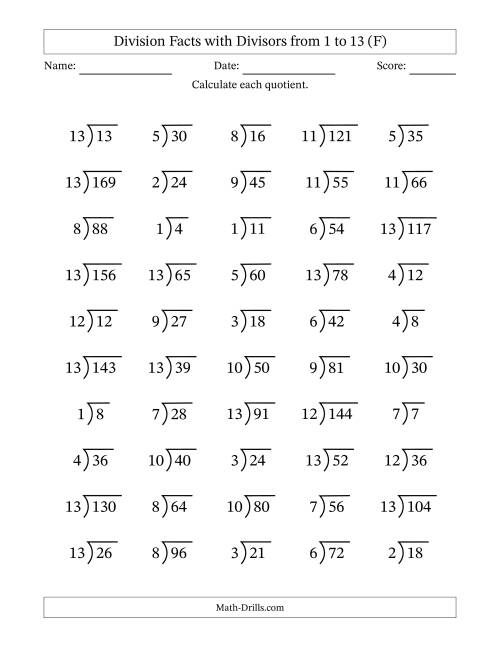 The Division Facts with Divisors and Quotients from 1 to 13 with Long Division Symbol/Bracket (F) Math Worksheet