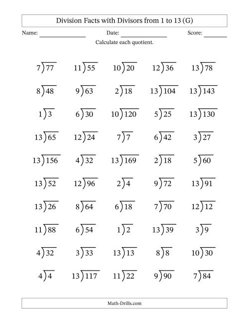 The Division Facts with Divisors and Quotients from 1 to 13 with Long Division Symbol (G) Math Worksheet