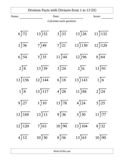 The Division Facts with Divisors and Quotients from 1 to 13 with Long Division Symbol/Bracket (H) Math Worksheet