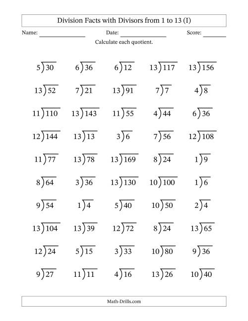 The Division Facts with Divisors and Quotients from 1 to 13 with Long Division Symbol/Bracket (I) Math Worksheet