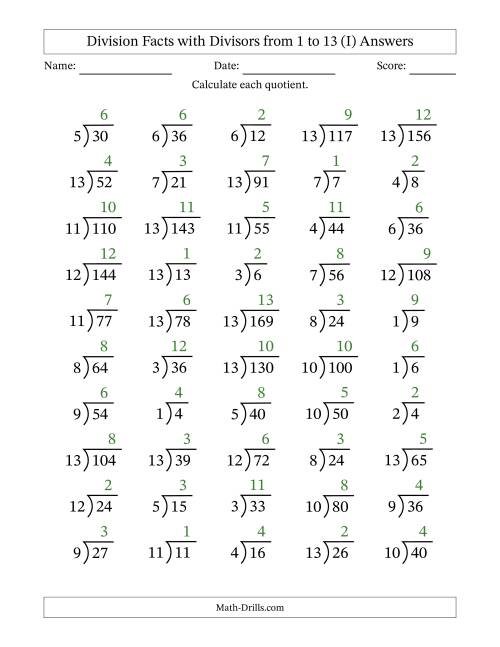 The Division Facts with Divisors and Quotients from 1 to 13 with Long Division Symbol (I) Math Worksheet Page 2