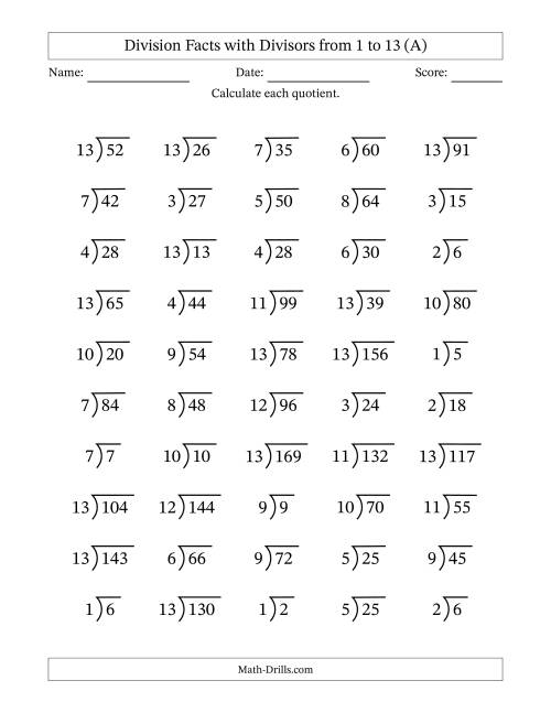 The Division Facts with Divisors and Quotients from 1 to 13 with Long Division Symbol (All) Math Worksheet