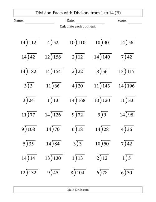The Division Facts with Divisors and Quotients from 1 to 14 with Long Division Symbol/Bracket (B) Math Worksheet