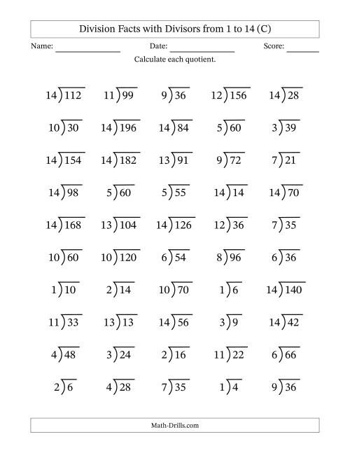 The Division Facts with Divisors and Quotients from 1 to 14 with Long Division Symbol/Bracket (C) Math Worksheet