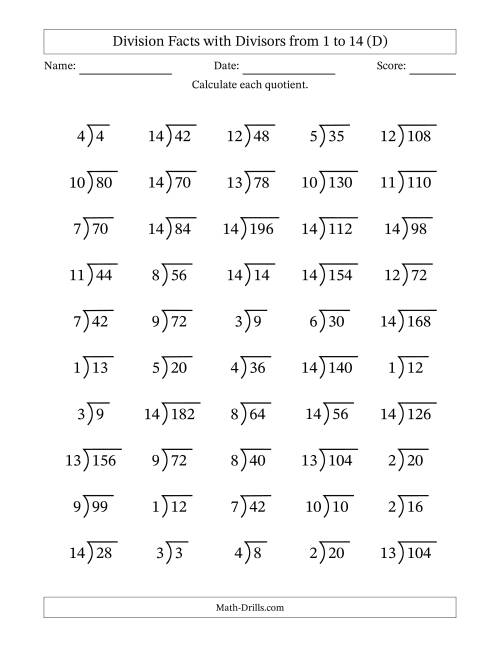 The Division Facts with Divisors and Quotients from 1 to 14 with Long Division Symbol/Bracket (D) Math Worksheet