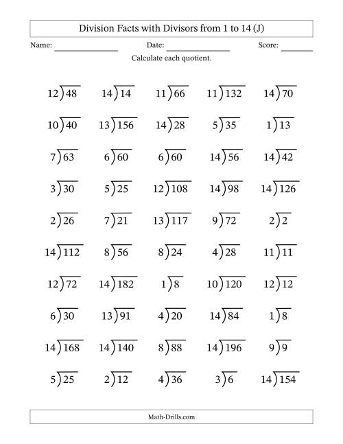 The Division Facts with Divisors and Quotients from 1 to 14 with Long Division Symbol/Bracket (J) Math Worksheet