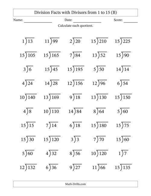 The Division Facts with Divisors and Quotients from 1 to 15 with Long Division Symbol/Bracket (B) Math Worksheet