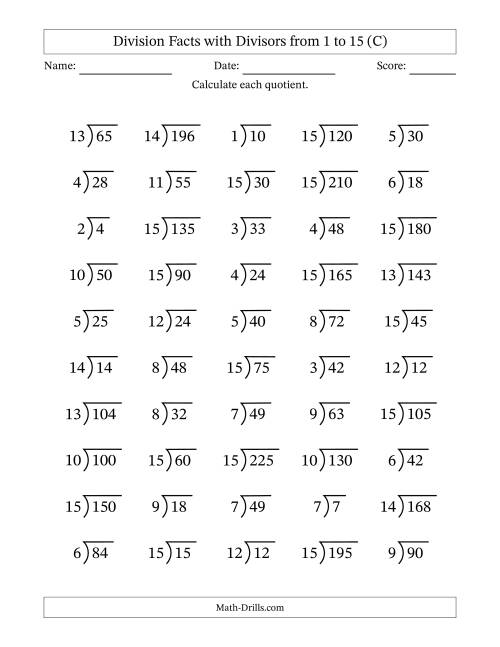 The Division Facts with Divisors and Quotients from 1 to 15 with Long Division Symbol/Bracket (C) Math Worksheet
