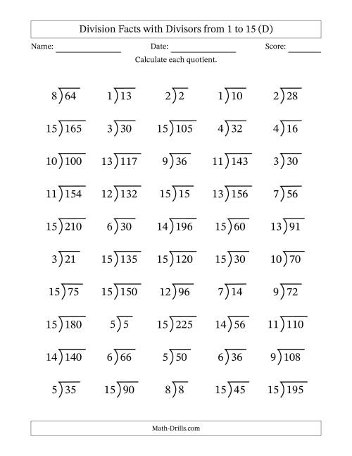 The Division Facts with Divisors and Quotients from 1 to 15 with Long Division Symbol/Bracket (D) Math Worksheet