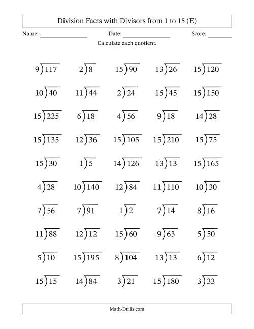The Division Facts with Divisors and Quotients from 1 to 15 with Long Division Symbol/Bracket (E) Math Worksheet