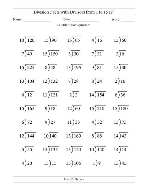 The Division Facts with Divisors and Quotients from 1 to 15 with Long Division Symbol/Bracket (F) Math Worksheet
