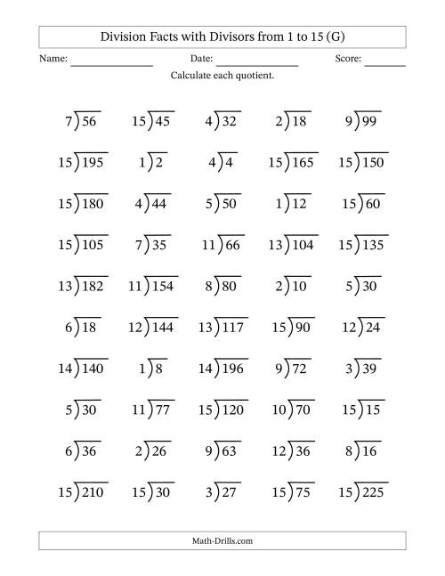 The Division Facts with Divisors and Quotients from 1 to 15 with Long Division Symbol/Bracket (G) Math Worksheet