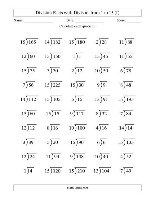 The Division Facts with Divisors and Quotients from 1 to 15 with Long Division Symbol/Bracket (I) Math Worksheet