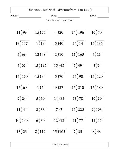 The Division Facts with Divisors and Quotients from 1 to 15 with Long Division Symbol/Bracket (J) Math Worksheet