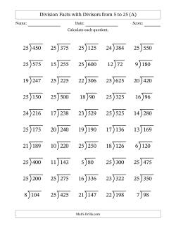 Division Facts with Divisors and Quotients from 5 to 25 with Long Division Symbol/Bracket