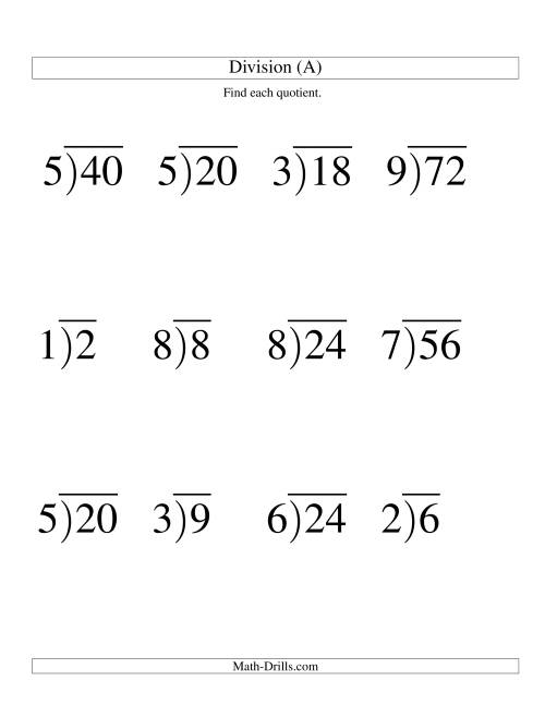 The Long Division - One-Digit Divisor and a One-Digit Quotient with No Remainder -- Large Print (A) Math Worksheet