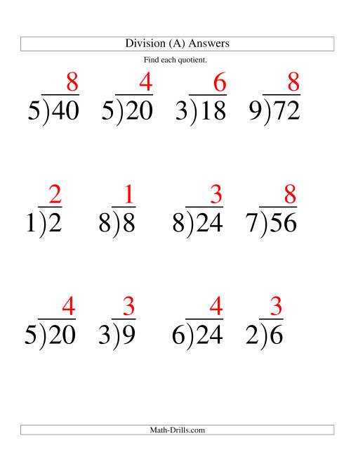 The Long Division - One-Digit Divisor and a One-Digit Quotient with No Remainder -- Large Print (A) Math Worksheet Page 2